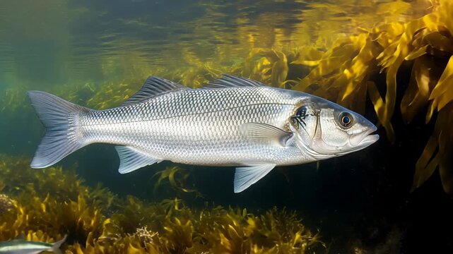 Massive Sea Bass stalking smaller fish in underwater habitat