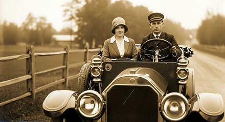 Vintage Couple in Classic Automobile on a Country Road.