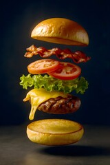 Exploded view of a gourmet cheeseburger with bacon tomato lettuce and bun layers suspended mid air