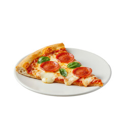 Perfectly cut slice of pepperoni pizza with molten mozzarella and fresh basil on a white plate against transparent background, studio lighting, commercial food advertising concept