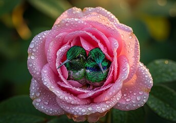 Delicate hummingbirds nestled within a vibrant, dewy pink rose, showcasing the beauty of nature's harmony.