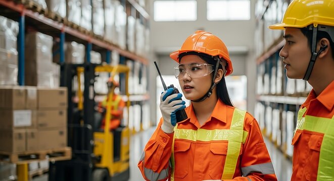 Warehouse workers coordinating logistics with a walkie talkie.