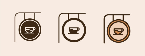 Icon Cafe Sign with glyph, semi solid and flat icon types. Coffee shop equipment, Barista, Beverages concept,