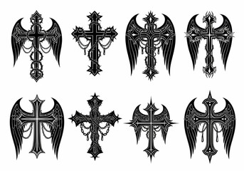 Set of black gothic angel wings in symmetrical pairs for tattoo, fantasy, and dark design projects.