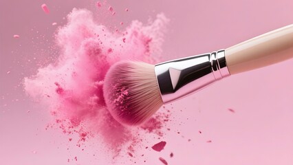 Blush brush applying pink powder for makeup application. The image highlights cosmetic beauty 3d render