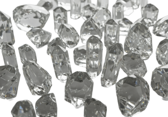 Pristine translucent geometric crystal fragments in an elegant pattern on a seamless transparent background with diffused studio lighting, concept of purity and precision