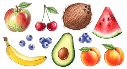 Assorted Fresh Fruits Collection Watercolor Style apple