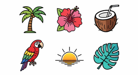 Tropical summer icon set featuring parrot, hibiscus flower, coconut drink, and sunshine for vacation and holiday designs.