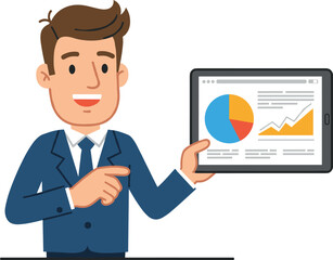 Smiling businessman presenting financial report on tablet with pie chart and growth graph, data analysis, business success digital concept illustration