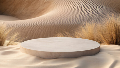 Natural stone podium set on sandy desert dunes at sunset. Warm golden hour light illuminates rough texture of stone platform,