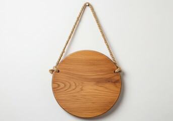 Round wooden sign with rope hanging on white wall isolated