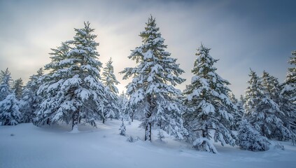 Naklejka premium Snowy pine trees in a winter forest landscape