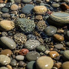 Close-up view of smooth, colorful stones submerged in shallow, clear water, showcasing intricate patterns and textures.