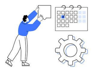 Person interacting with a calendar, adding task cards. Gear highlights workflow automation and efficiency. Ideal for project management, goal setting, task planning, workflow improvement