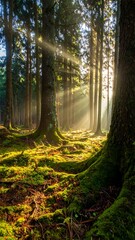 Sunlight streams through a misty forest (2)