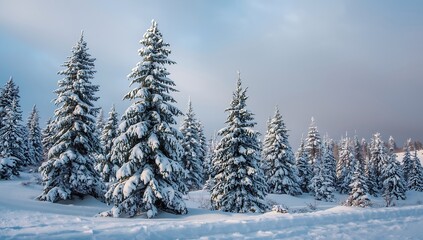 Obraz premium Snow covered pine trees in a winter forest landscape
