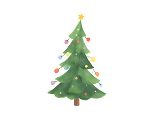 Christmas Tree with Star and Ornaments on Transparent Background
