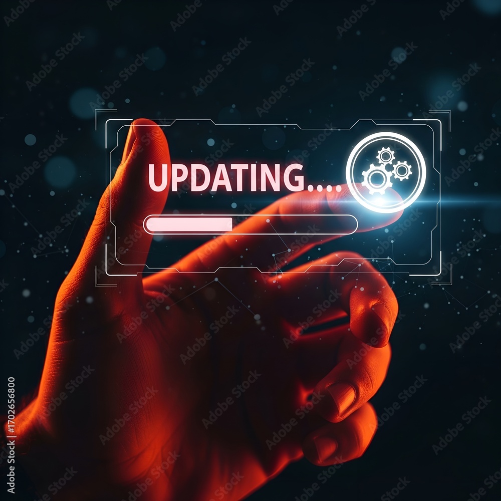 Poster fingertip touches glowing progress bar indicating software update completion on dark background