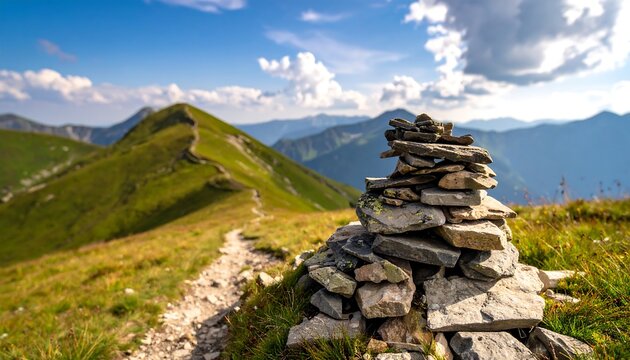 Mountain path with stone cairn