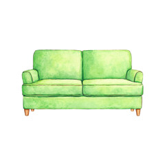 Obraz premium Bright green sofa: watercolor illustration of a modern couch, cut out
