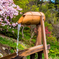 Wooden water feature cascading into a basin. Spring blossoms in background