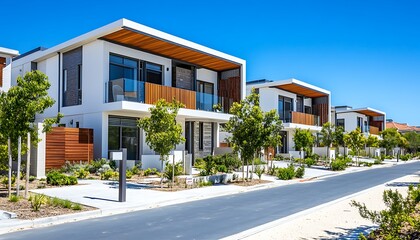 Fototapeta premium Modern Suburban Homes With Lush Greenery and Clean Lines on a Sunny Day