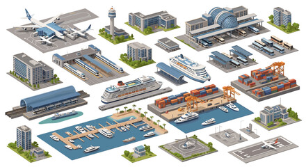 Isometric view showcasing a variety of transportation hubs and urban infrastructure elements displayed on transparent background