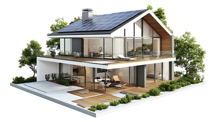 Fototapeta premium Modern TwoStory House Design with Solar Panels and Glass Walls on White Background