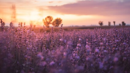 Naklejka premium Lavender field at sunrise and sunset in the countryside