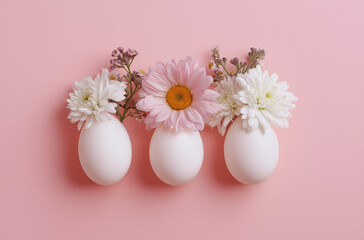 Photo of three white eggs and one egg with flowers inside on a pastel pink background,