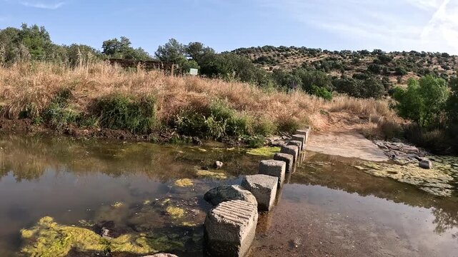 Camino Mozarabe de Santiago - stepping stones across Guadalbarbo river after Villaharta, province of Cordoba, Andalusia, Spain