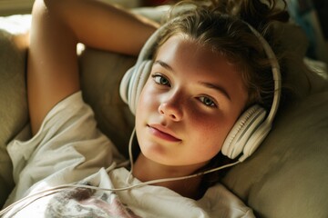 Young person relaxing on a couch wearing white headphones