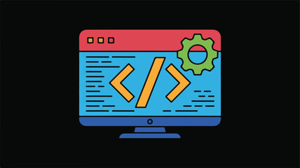 Computer Screen Showing Coding Symbol and Gear Icon monitor display