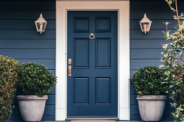 Navy Blue Door Facade with White Trim, Classic Hardware, and Outdoor Lighting