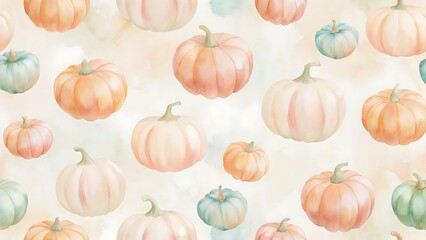 A whimsical pattern of various sized pumpkins in pastel shades of orange, pink, and green on a soft background