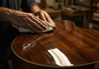 Experienced craftsman hands carefully polishing a beautiful handmade wooden acoustic guitar with a soft cloth, enhancing its glossy finish
