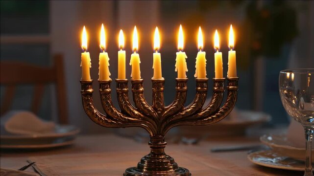 A Hanukkah menorah with lit candles, symbolizing the Jewish holiday of lights and celebration.