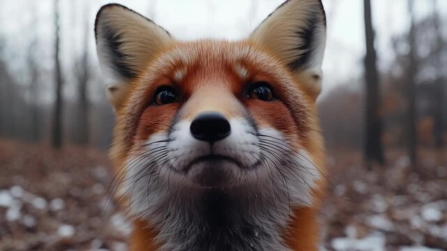 A young red fox peering out from a snowy forest during winter.