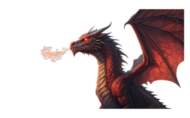 A red and black dragon with wings exhaling smoke and glowing red eyes on a black background art