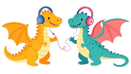 Two cartoon dragons wearing headphones