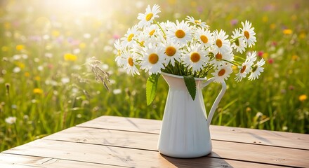 White Daisies in a Pitcher on a Wooden Table in a Sunny Meadow.
