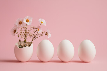 Photo of three white eggs and one egg with flowers inside on a pastel pink background,