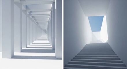 Obraz premium Abstract Architectural Hallway and Staircase with Bright Sunlight