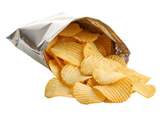 Delicious crunchy potato chips spilling out of a foil bag for a tasty snack isolated on transparent background