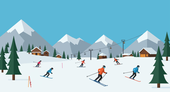Diverse skiers enjoying a snowy mountain resort with ski lifts and cabins