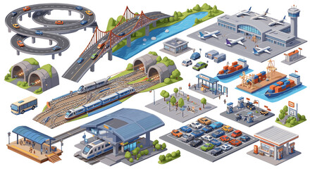 Isometric illustration depicting a city with roads, trains, airport, and port facilities in detail on transparent background