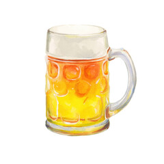 Watercolor beer mug with foam and handle in detailed festive illustration, cut out