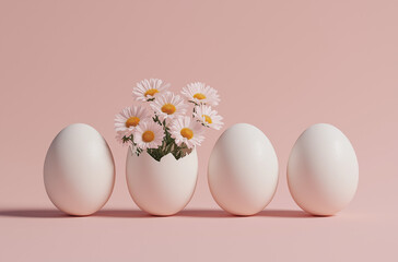 Photo of three white eggs and one egg with flowers inside on a pastel pink background,