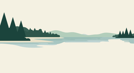 Naklejka premium Serene Landscape of Dark Green Pine Forests and Calm Blue Water
