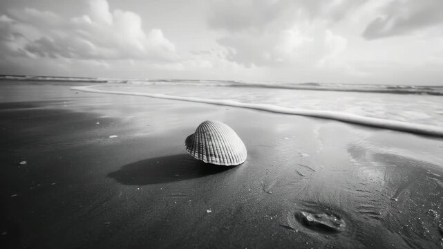 A lone seashell sits on a wet, dark beach shore, highlighting the beauty and calmness of coastal scenes.